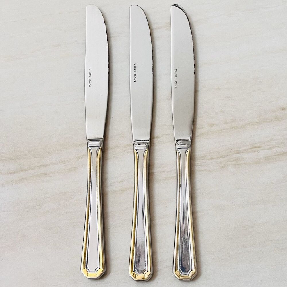 3pc TOWLE Beacon Hill Stainless Gold Accent Dinner Knife 9” Supreme 18/8 Glossy